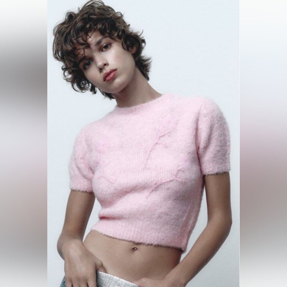 Zara Pink Sweater Knit Crop Top Size Small